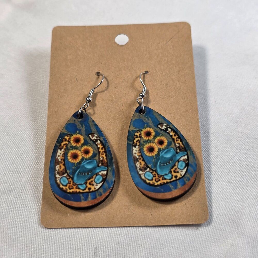 Cowgirl Hat Sunflower Wooden Teardrop Earrings Western Leopard Print Dangle Boho